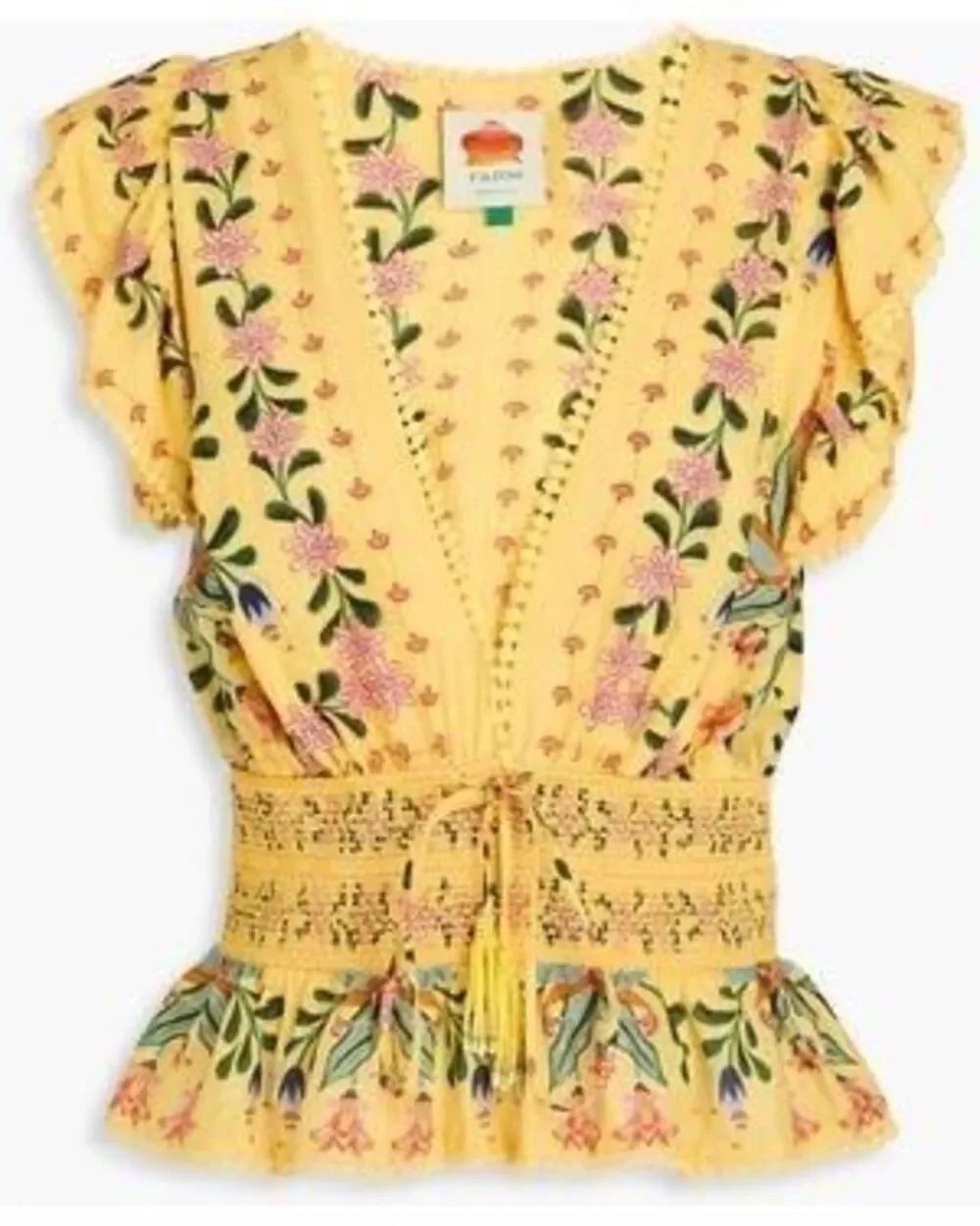 Farm Rio Delicate Flowers Stripes Ruffle Smocked Peplum Blouse Yellow XS NWT